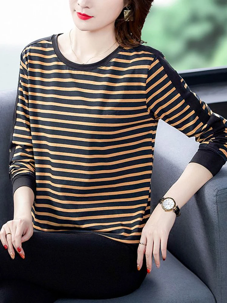 Gkfnmt Long Sleeve T Shirt Women 2022 Cotton Striped Splicing T-Shirt Top Korean Woman Clothes 4XL Tshirt Tee Shirt Femme