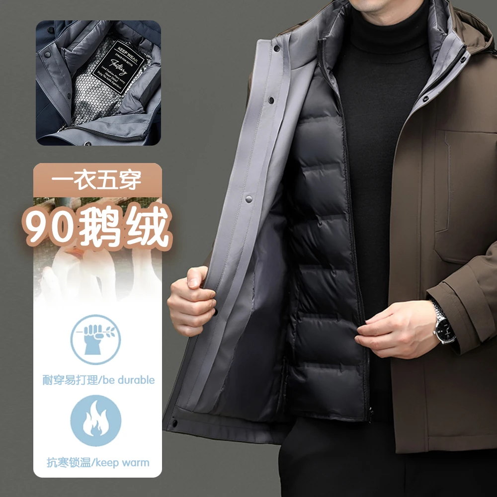 Ture 90% Goose Down Jacket 2024 Men's Winter 2 Pieces Attachable Windproof Warm Outwear Office Male Hooded Thermal Zipper Coat