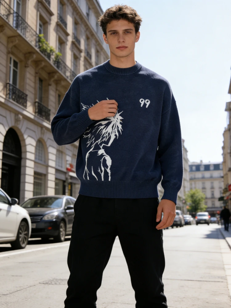 

Cartoon Anime Pattern Jacquard Sweater round Neck Long Sleeve Loose Knitwear for Men And Women Autumn Winter New Arrival