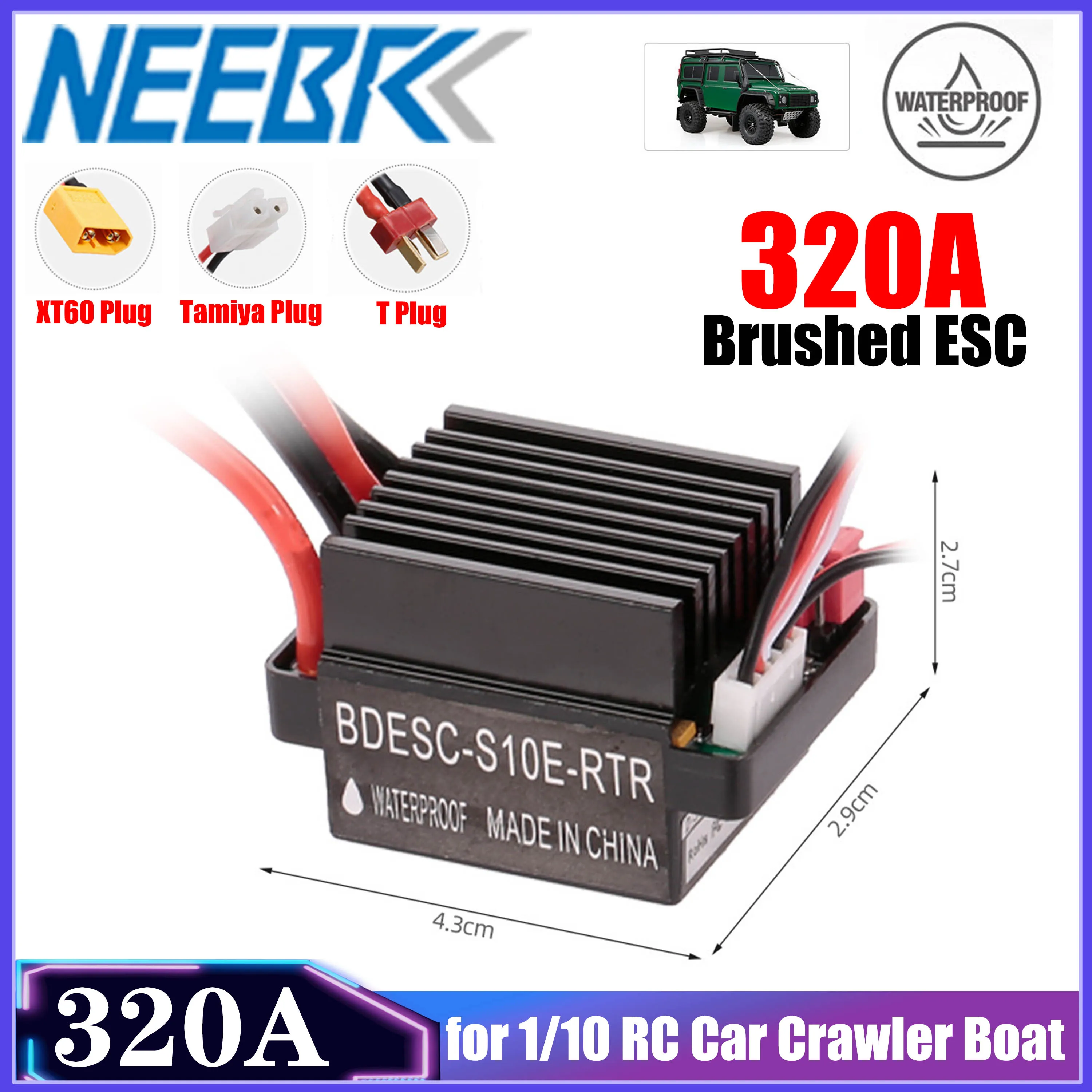 

NEEBRC 320A Waterproof Brushed ESC 60A Electronic Speed Controller Tamiya/T/XT60 Plug 2-3S for 1/10 RC Car Crawler Motor Axial