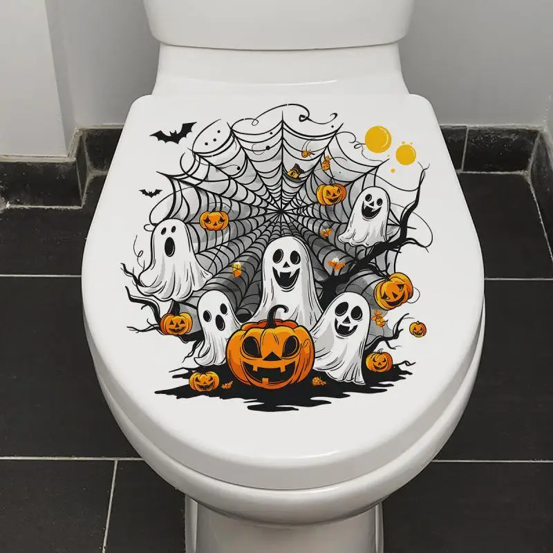 Halloween Toilet Sticker Ghost Pumpkin Spider Web Pattern Waterproof Self Adhesive For Halloween Party Bathroom Decoration
