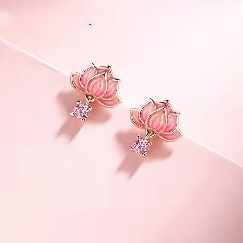 Anting-anting teratai zircon pink sepasang