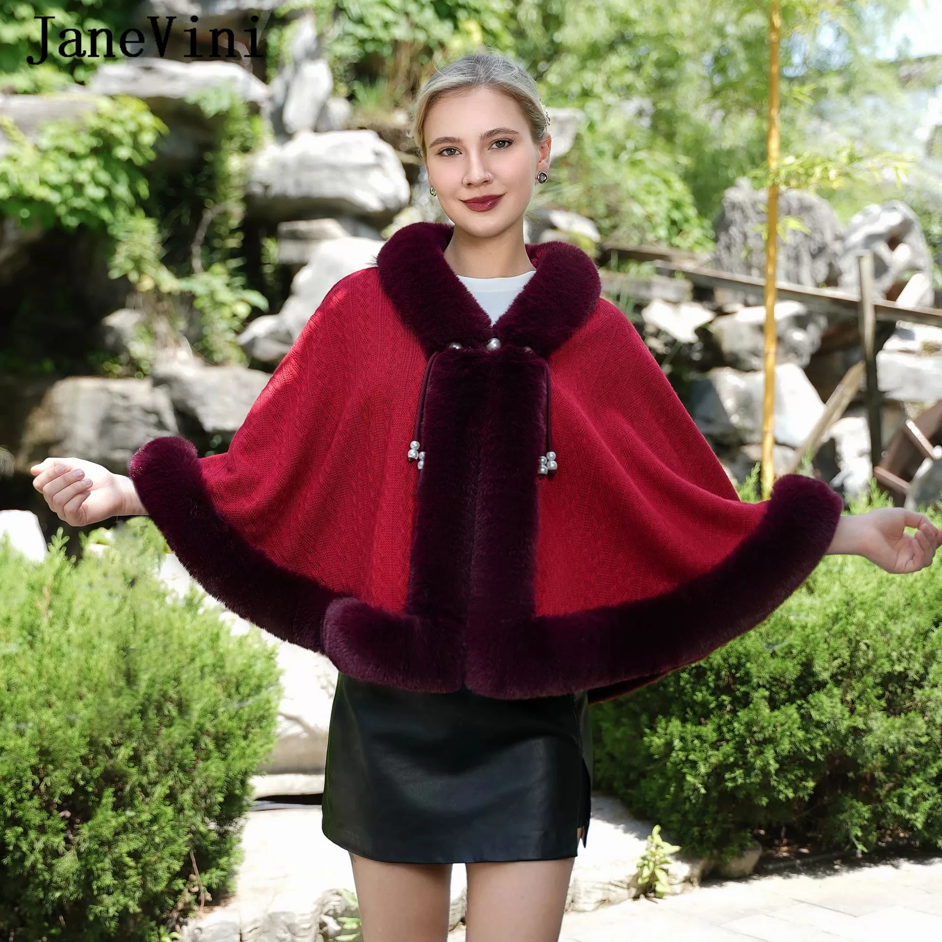 

JaneVini Bridal Bolero De Novia Winter Burgundy Faux Fur Wedding Shrugs Cloak Ivory Warm Women Formal Dress Shawl Wraps Capes