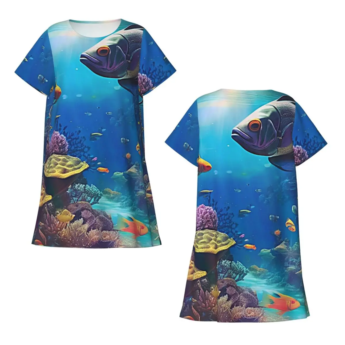 Custom Great Fish Land Tropical Fish Short Sleeves Nightdress For Sleepshirts Women Short Sleeve Nightgowns Loose Pajama Dress