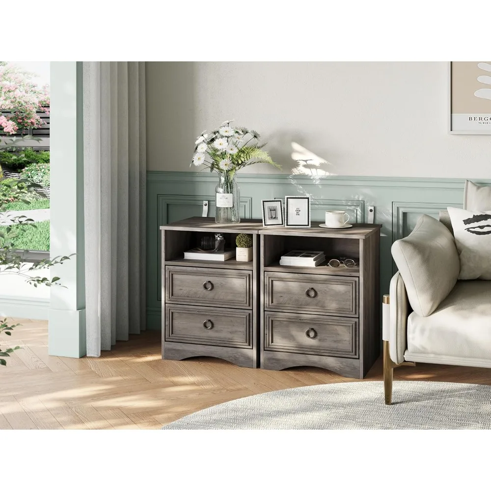 زوج من طاولات النوم ذات الدرج المزدوج، 17.7 طاولات بجانب السرير واسعة مع مساحة تخزين، طاولات جانبية واسعة لجانب السرير وغرفة المعيشة #6