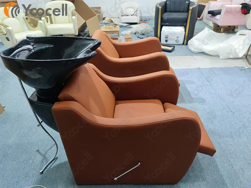 Yoocell Caramel Colour Salon Furniture Shampoo Station Sink And Chair Shampoo Backwash Unit Hair Salon With Footrest