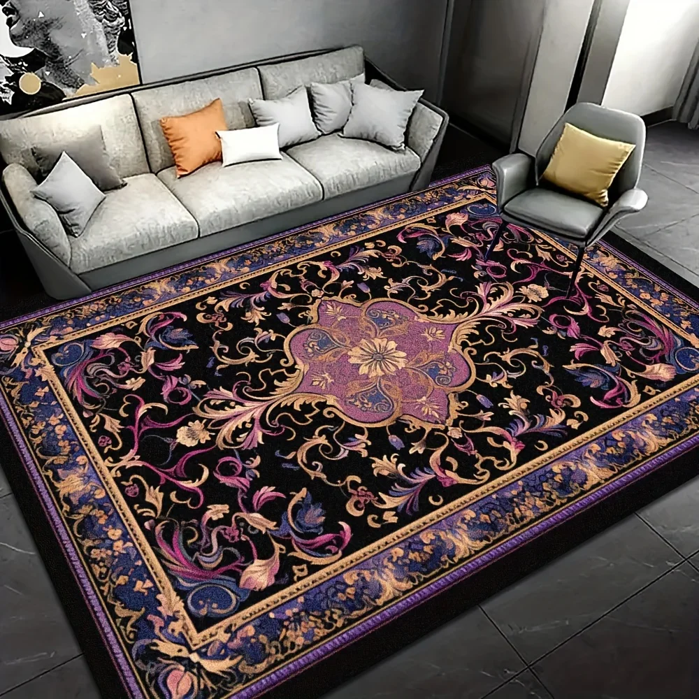 [2d Flat]European-Style Vintage Palace-Patterned Large Rug Featuring a Black Background with Purple-Gold Baroque Scrollwork and Floral Prints for Living Rooms and Bedrooms