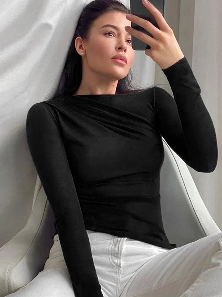 Black T-Shirts Long Sleeve Top Women Basic Crop Top Spring Fall Pullover Solid Skew Neck T Shirt Streetwear Basic White Y2K Tees