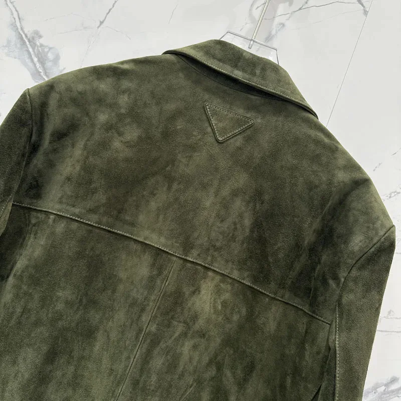 Women Clothes Turn-Down Collar Single-Row Buckle Suit Style Suede Sheepskin Luxurious Leather Jacket Green Loose