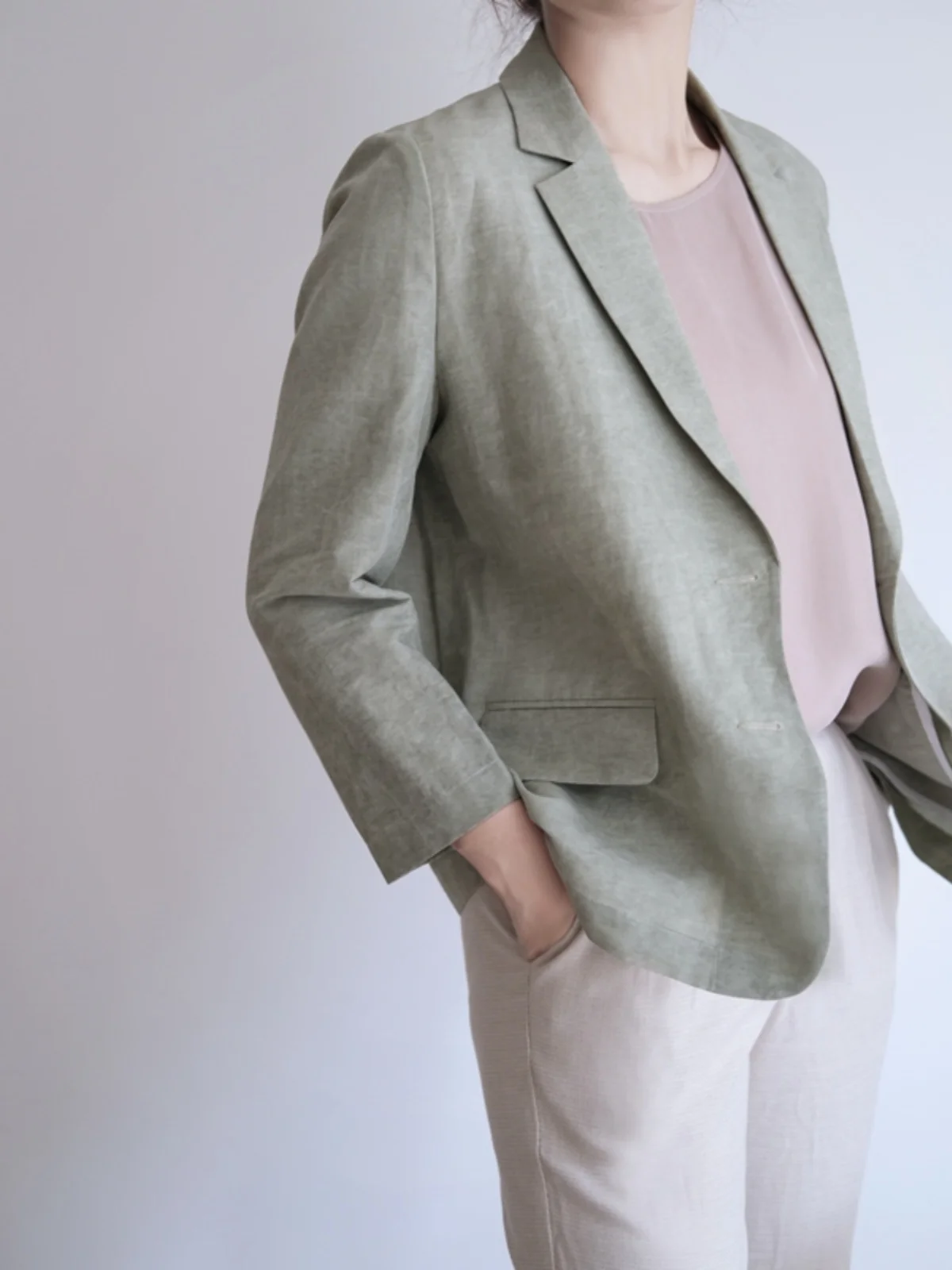 

Loose Fit Silk Linen Tweed Nine Sve Suiting Jaet Summer Commute Sle Button Detailing Pure Color Casual Outerwear