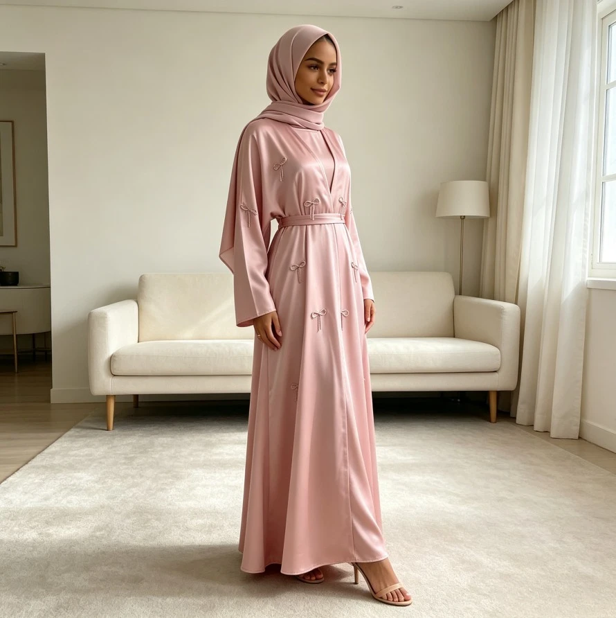 Women Abaya Dress 2 Piece Set Rhinestones Jalabiya Ramadan Dubai Kaftan Morocco Vestidos Eid Muslim Dresses Cardigan Robe Bow