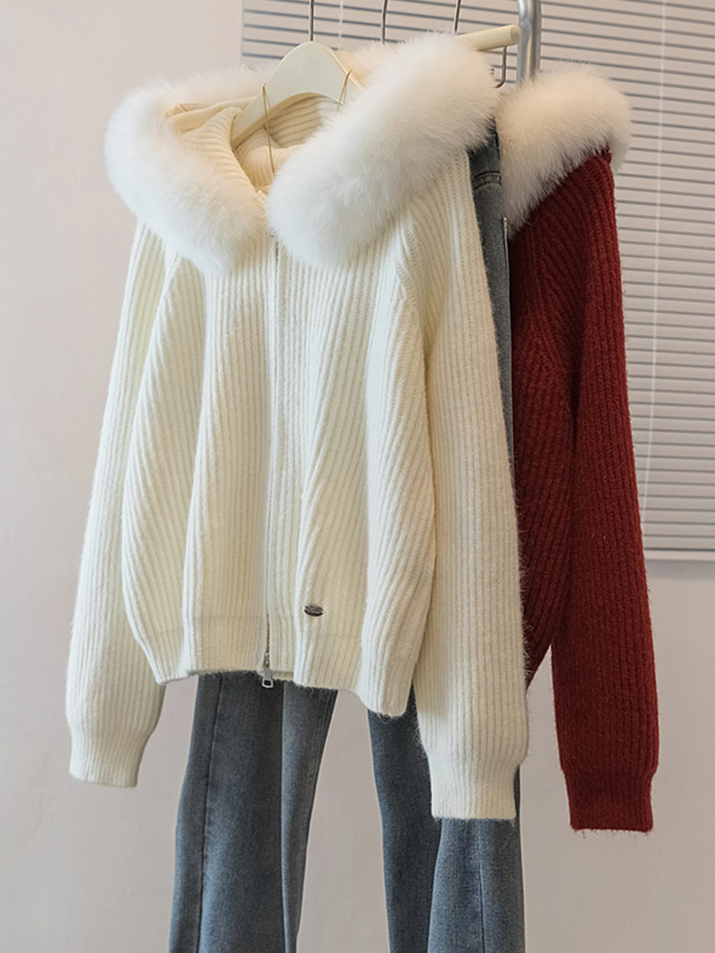 

Thiened Double Zipper Hooded Sweater Jaet Women's Autumn Winter Large Size Plu Collar Lazy Sle Knittedwear Coat