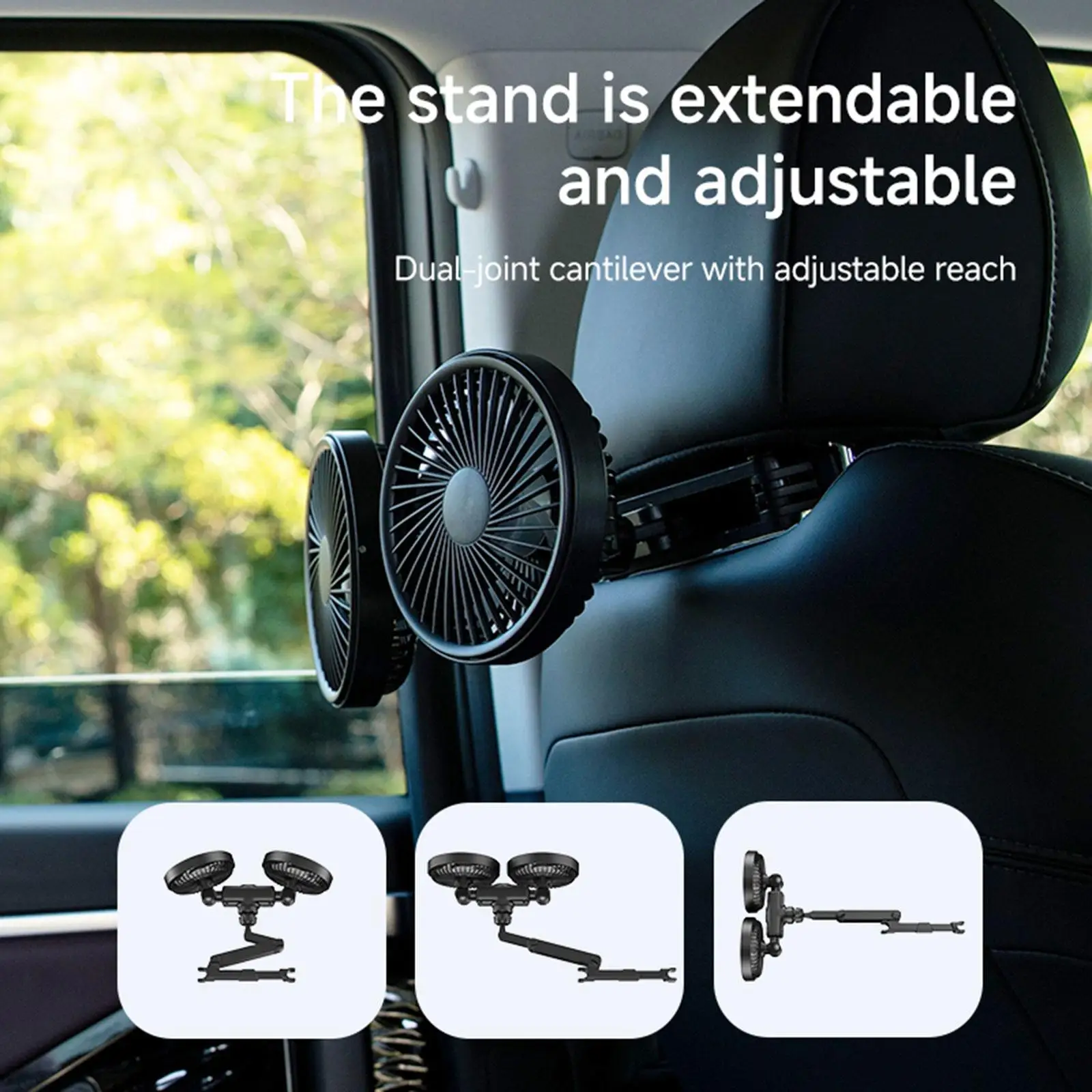 Car Double Head Fan Backseat Auto Cooling Fan USB Portable Multifunctional Adjustable Speeds Suitable for Cars SUVs