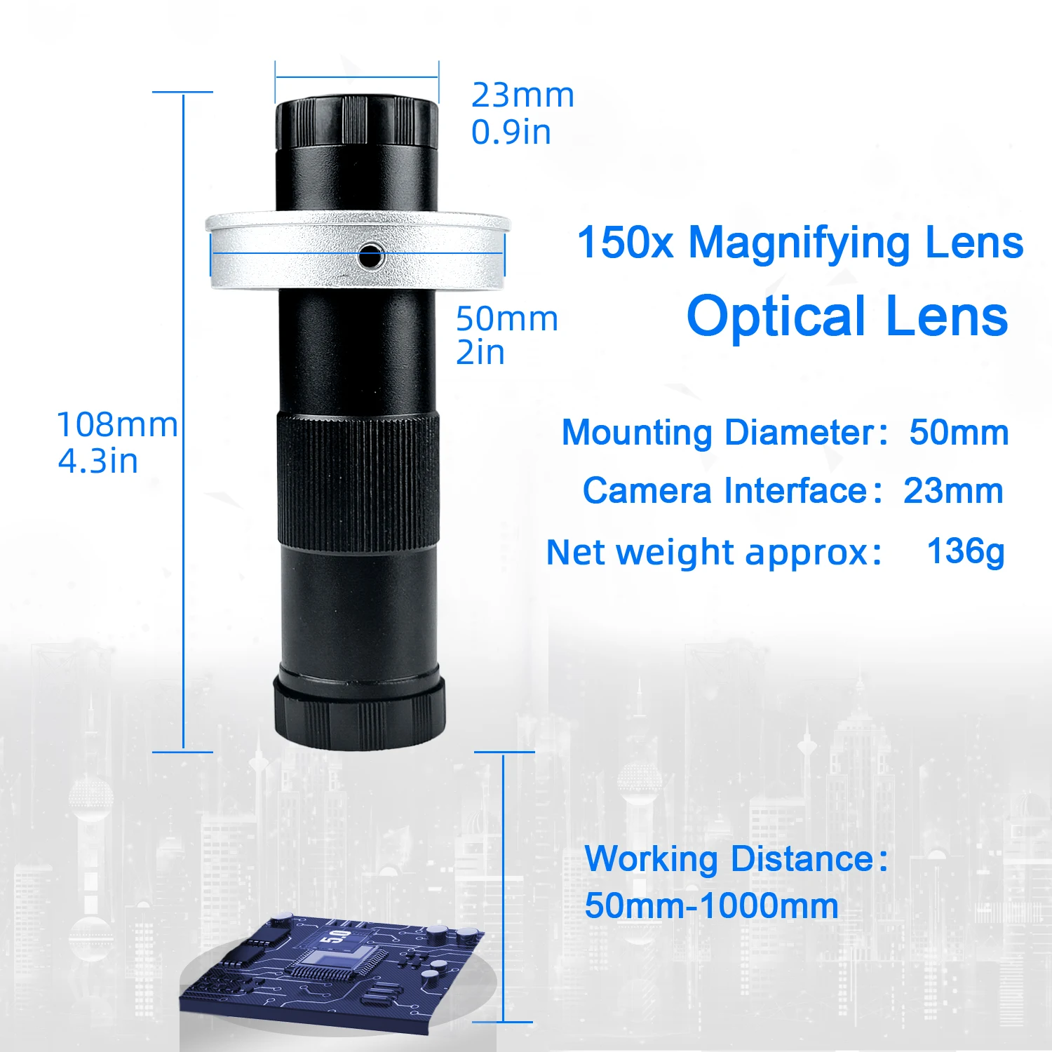 YIZHAN 0,5X Mikroskop-Hilfsobjektiv 25 mm Barlow-Objektiv Objektiv 150X C-Mount-Zoomobjektiv 28/40/50 mm Installationsdurchmesser Werkzeuge – Detail 7