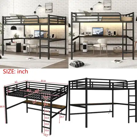 queen size bellemave loft bed with desk, suitable for adults, kids, and teens, metal frame, black