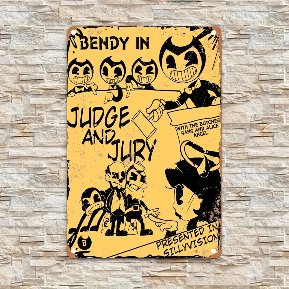 Bendy in Judge and Jury Metal Sign Wall Art - Retro-Style Aluminum Plaque for Home, Bar, Cafe, Garage Decor Pre-Drilled, Weath