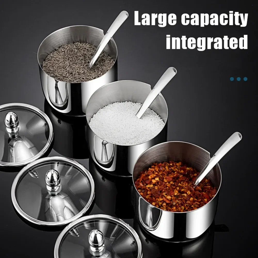 304 Stainless Steel Seasoning Pot Spice Canister Set with Transparent Glass Lid Salt Jars Organization Kitchen Container Set