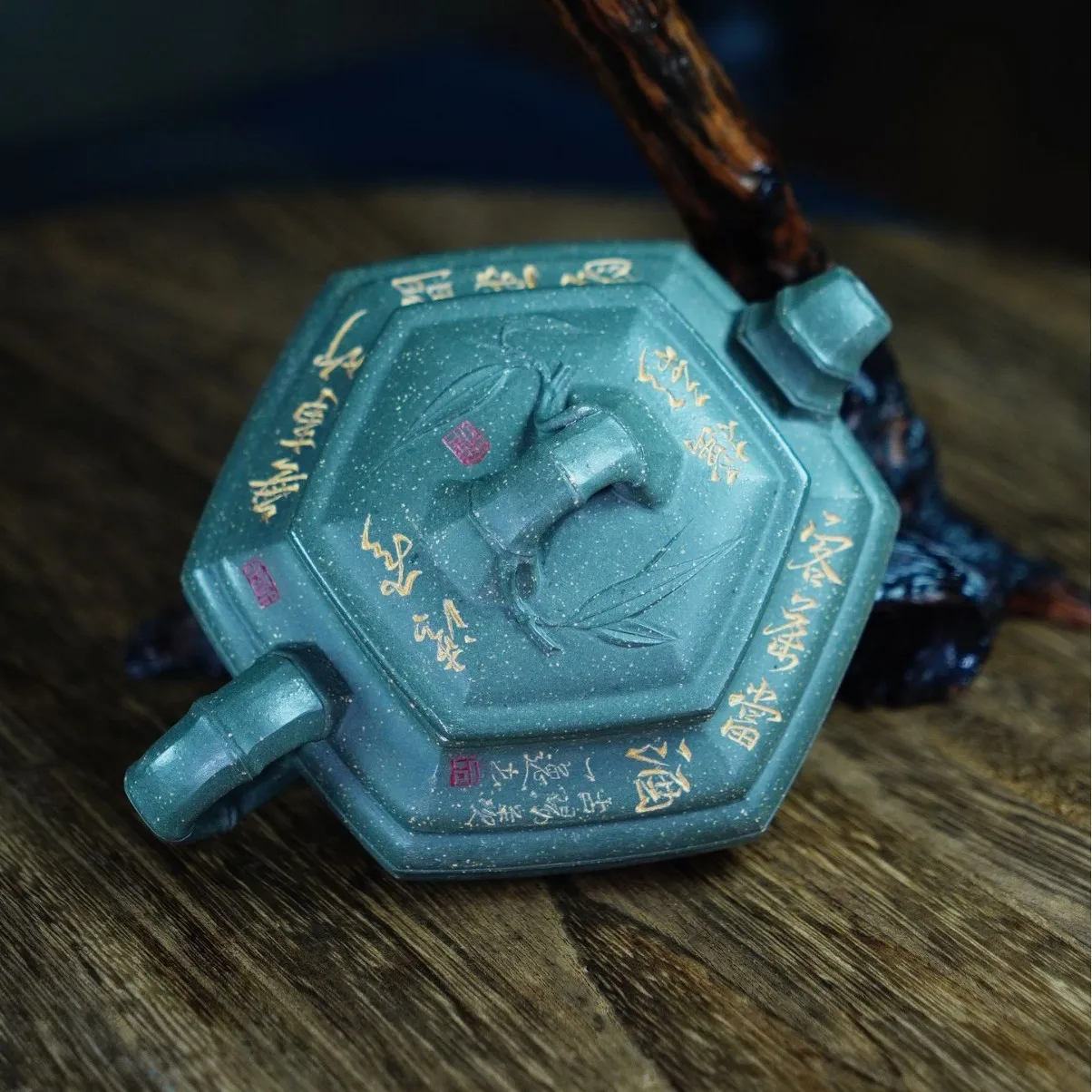 Hexagonal Flat-Bottomed Made Of Raw Jadeite Green Clay From Yixing A Famous Artisan's Hand-Carved Painted Pot And Tea Set