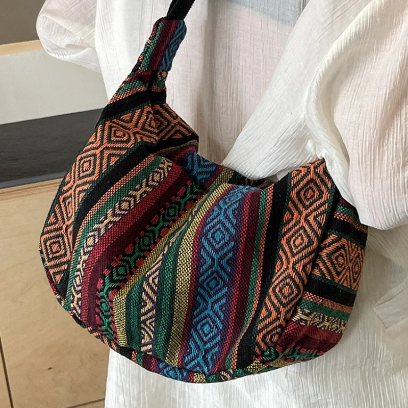

New Crossbody Bags Tribal Style Shoulder Bag, Foldable Crossbody Striped Pattern, Flag Theme Hand Washable Edge Painted Lining