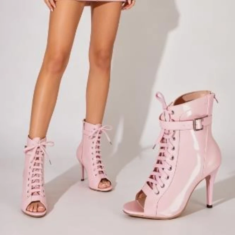 Hot Selling Fish Mouth Stiletto Sandals 2026 New Round Toe Open Toe Lace-Up Belt Buckle Zipper Non-Slip Heel Booties