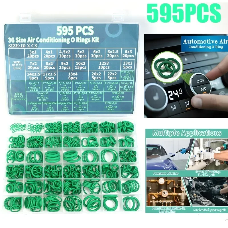 595PCS O Ring Kit for Car Air Conditioning AC Repair Seal Kit Rubber Organized Storage Case for Auto Air Conditioning Repair