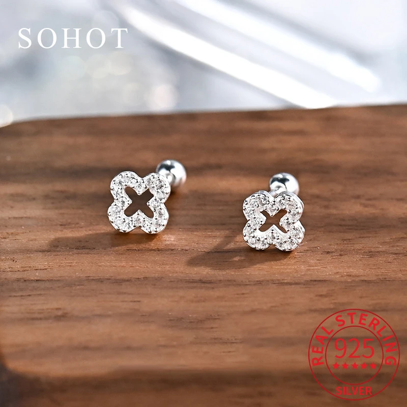 

Real 925 Sterling Silver Geometric Zircon Piercing Screw Bead Mini Stud Earrings for Women Exquisite Fine Jewelry Accessories