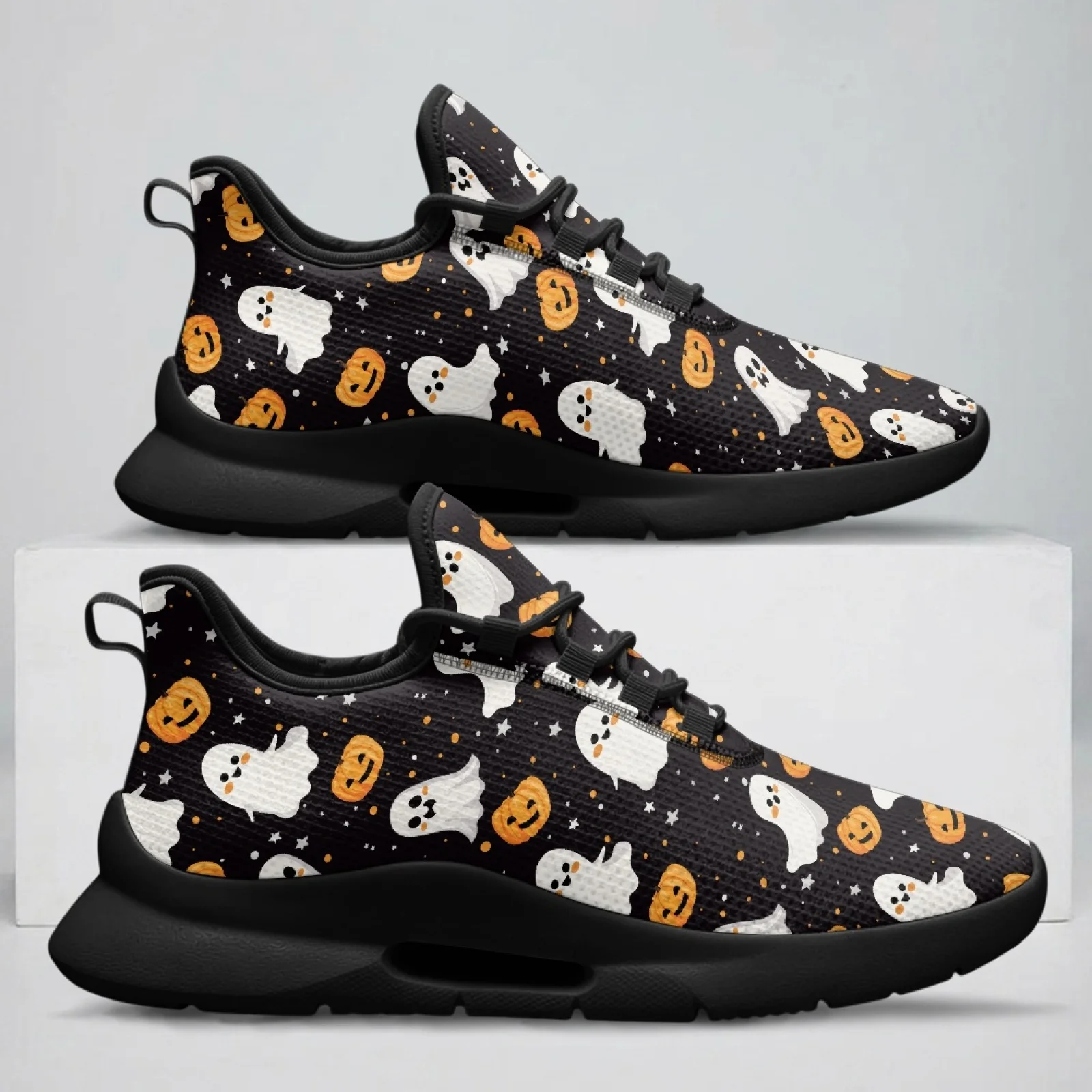PENSTROLL Ghost Pumpkin Print Breathable Casual Lightweight Sneakers Lace Up Shoes for Men Daily Wear Walking