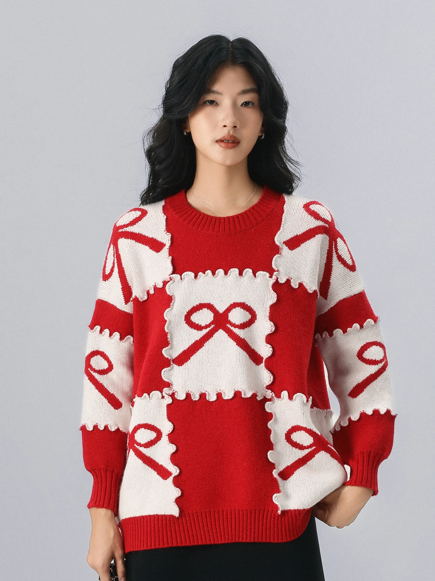 

Red Bow Knot round Ne Knitted Sweater Women's Autumn Winter New Sle Casual Loose Fit Long Sve Korean Faion Top