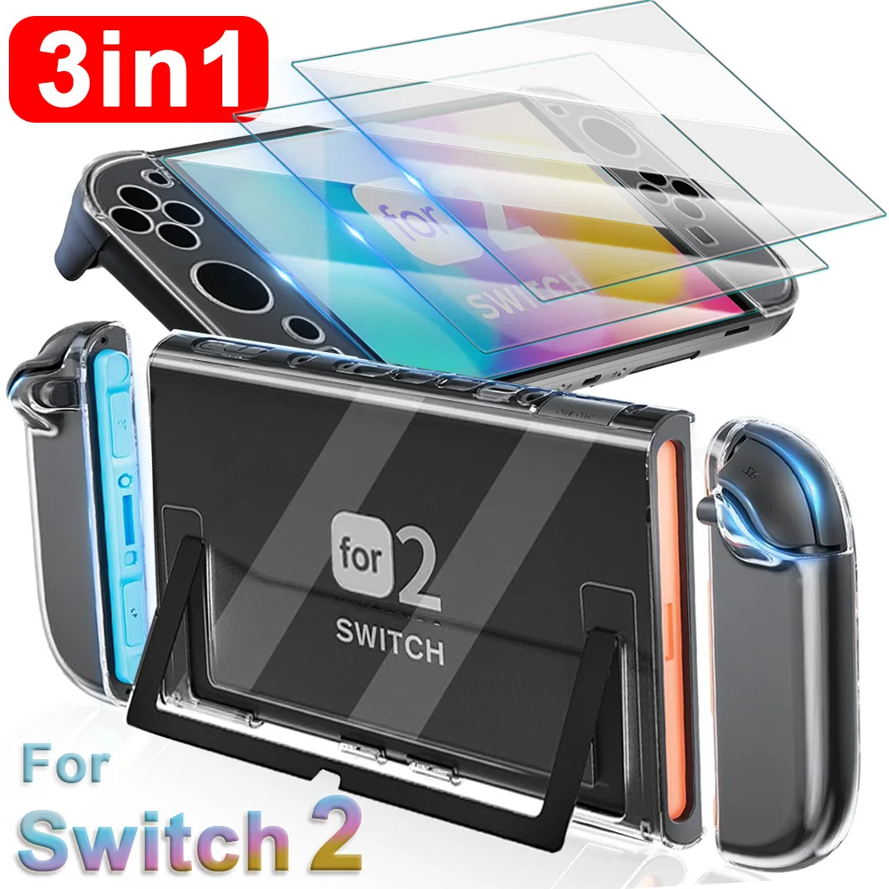 3IN1 Case+Glass For Switch 2 Game Console Transparent Protective Cover Screen Protector Tempered Glass Film For Nintendo Switch2