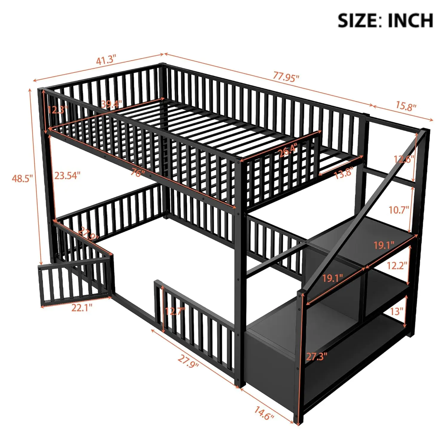 Twin Over Twin Low Bunk Bed with Storage Stairs and Shelves, Heavy Duty Metal Bunk Bed with Full-Length Guardrails,, Customized