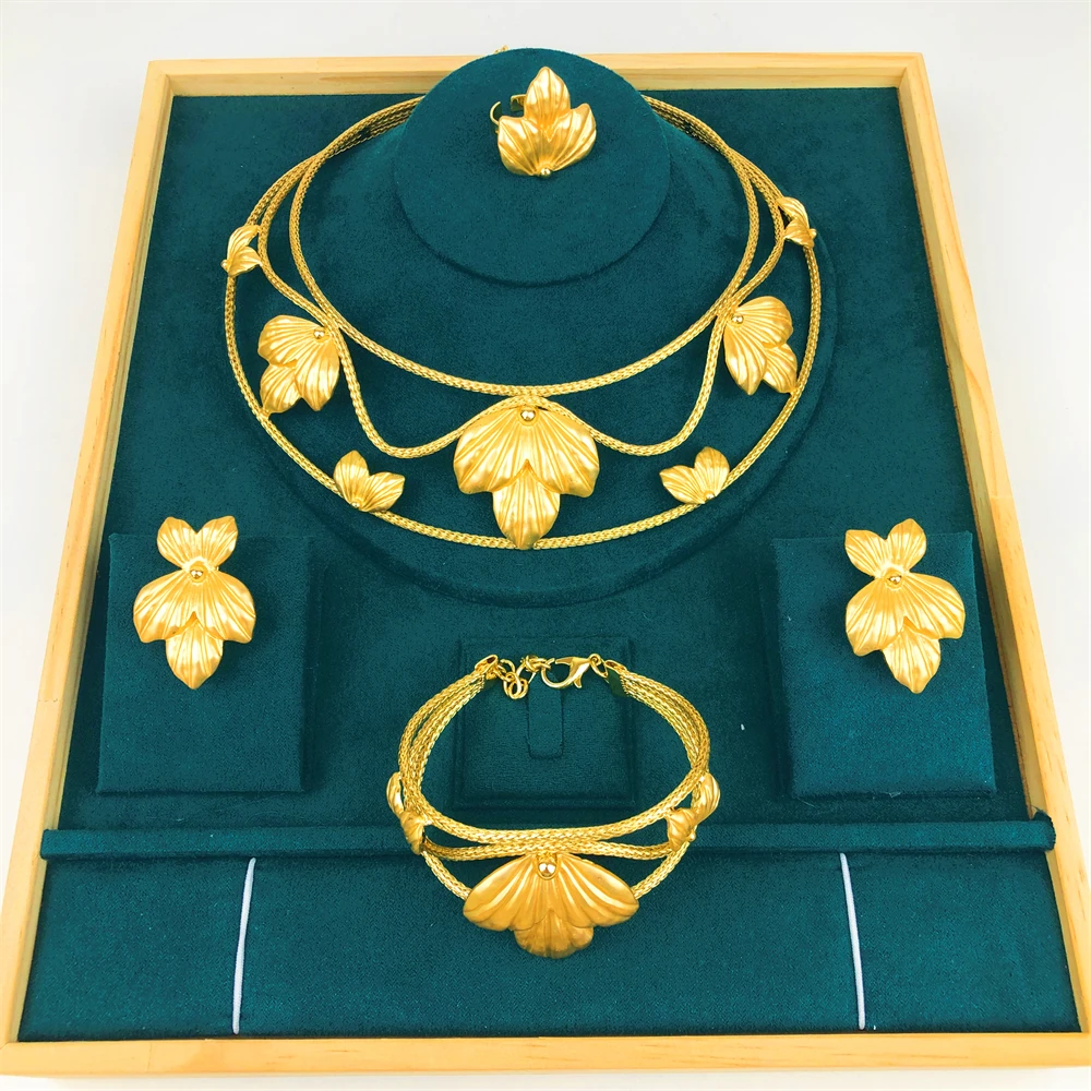 

18K Gold Plated Golden Jewelry Set for Women African Necklace Pendant Earring Bracelet Ring Luxury Fashion Party Wedding Gifts