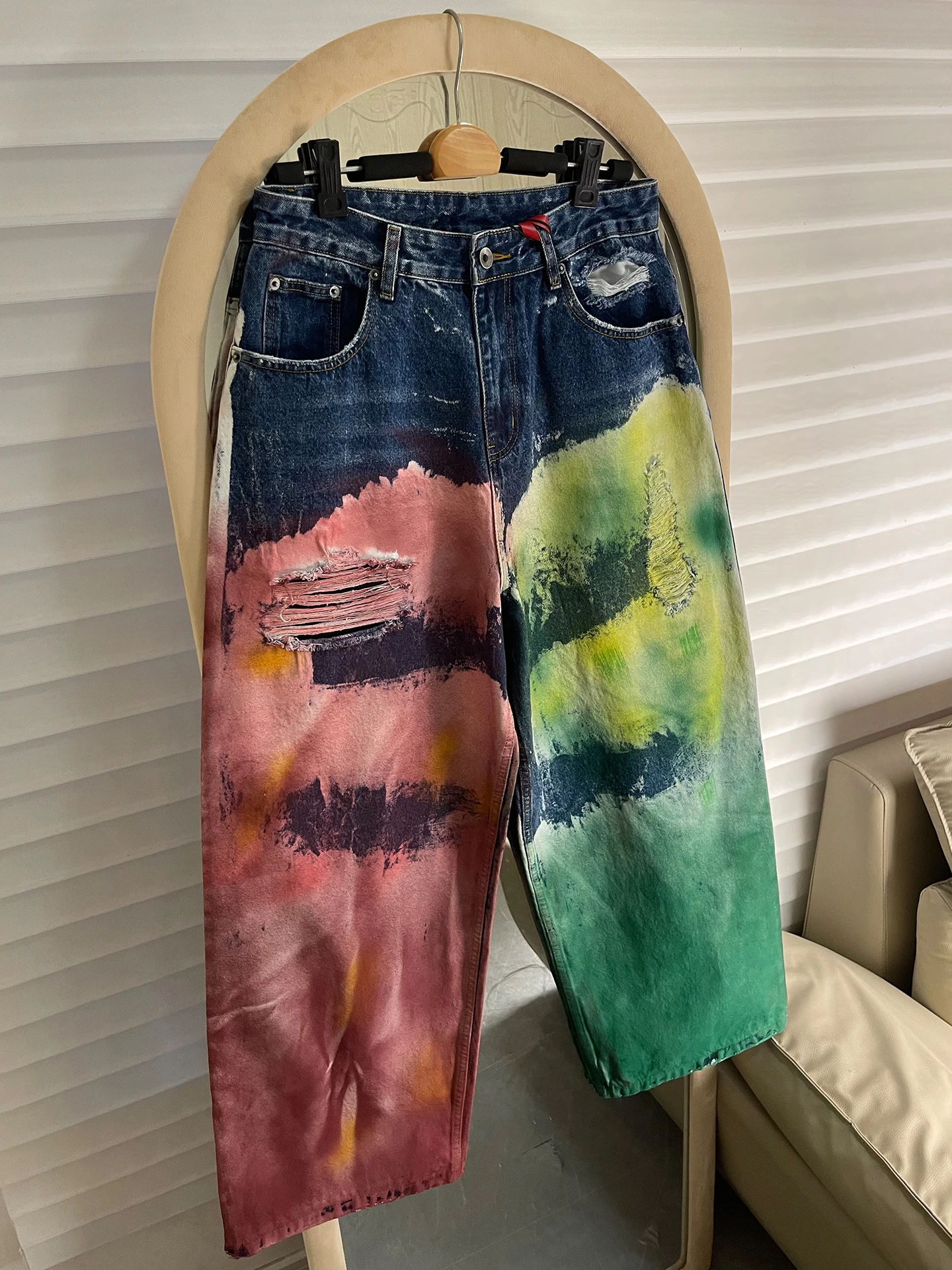 

Parisian Style Hand-Painted Graffiti Denim Jeans Men's American Casual Loose Straight Leg Floor-Length Trousers