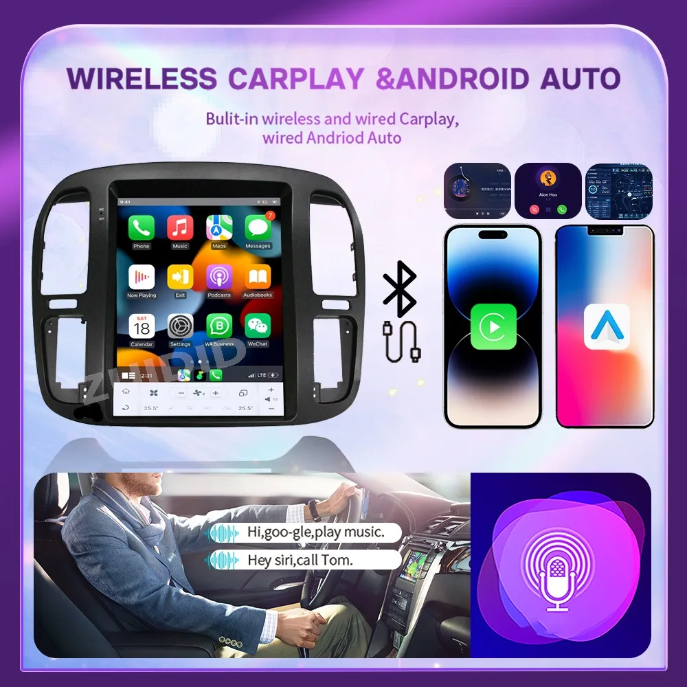 Wireless CarPlay For Toyota Land Cruiser 100 LC100 1999-2002 Car Radio Multimedia Android14 Auto Tesla Screen Player Bluetooth4G