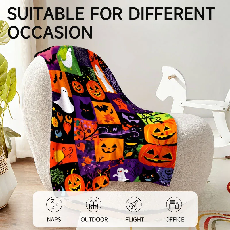 قطعة واحدة من بطانية الفانيلا بطابع الهالوين، نمط اليقطين والشبح الملون، مناسبة للأريكة والسرير والمكتب والهدية المثالية لـ fam