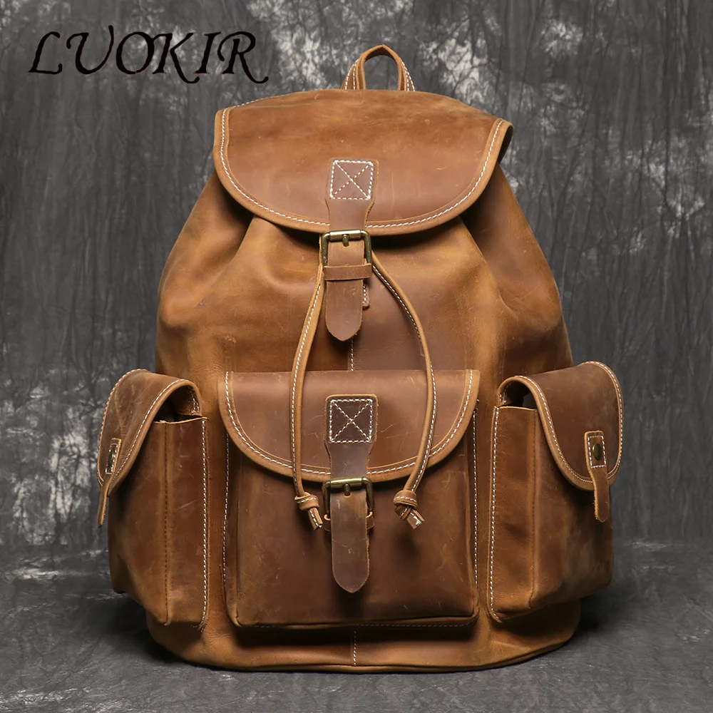 LUOKIR New Leather Shoulder Bag With Layered Cowhide, Personalized Travel Backpack, Large Capacity Computer Bag School Bag