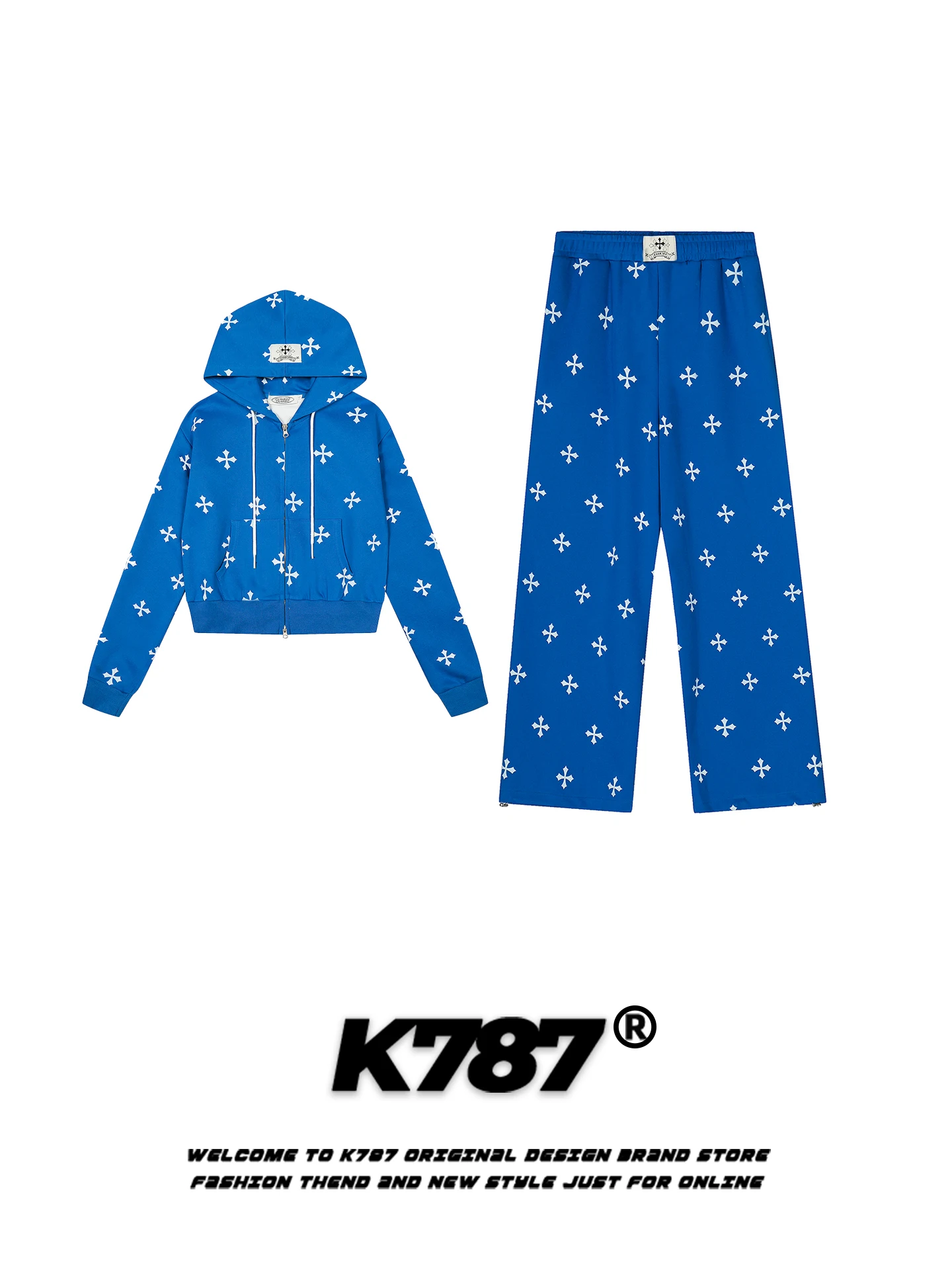 

Спортивный костюм K787 Klein Blue Cross: худи и широкие брюки свободного кроя с молнией, для женщин, повседневный, с эффектом омоложения