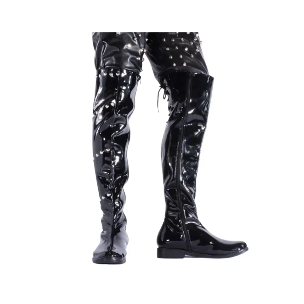 الرجال براءات الاختراع والجلود المرحلة أداء برشام الإفراط في الركبة الأحذية مشبك سميكة وحيد الغربية أحذية طويلة فستان حفلة زمم عدم الانزلاق