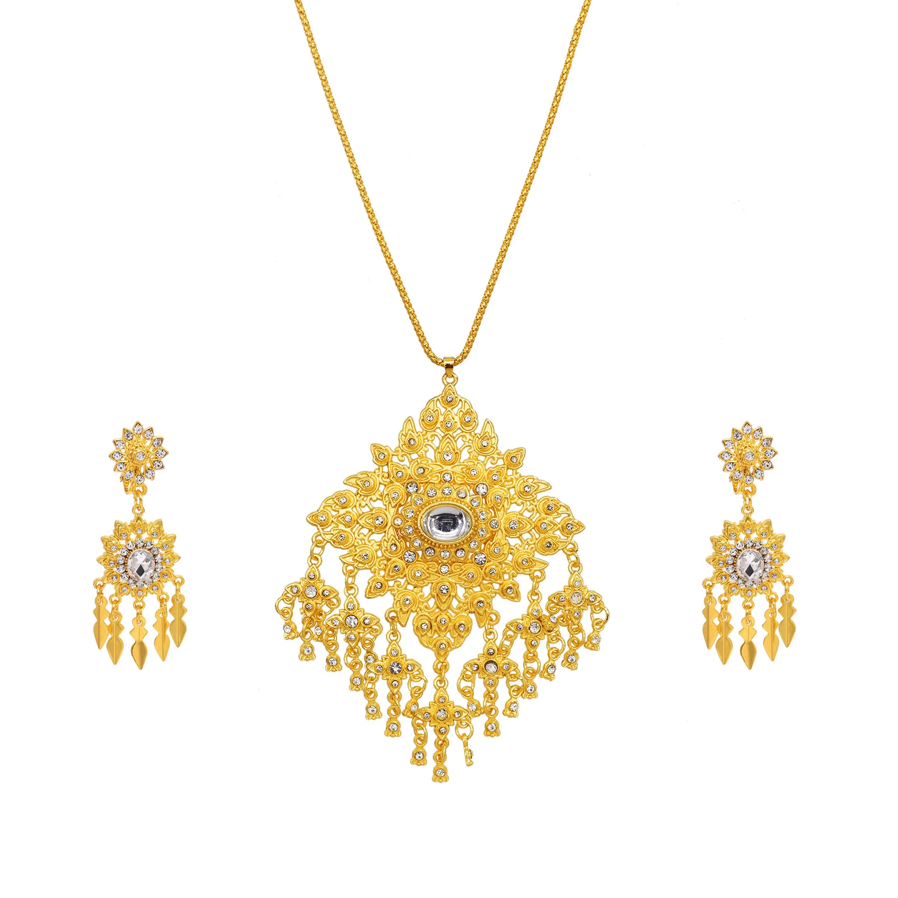 Fashion Luxury Golden Devil\'s Eye Crystal Flower Pendant Necklace Earrings for Women Drop Rhinestone Bride Wedding Jewelry Set