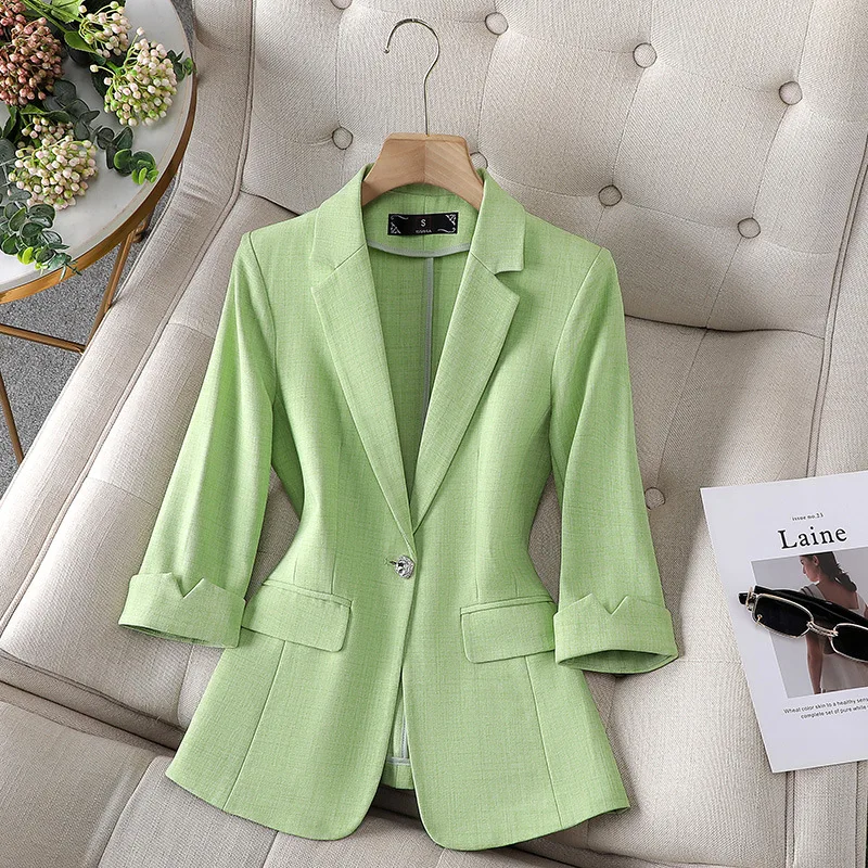 Green Thin Suit Jacket For Women Summer Coat 2025 New Quarter Sleeved Casual Korean Lady Business Office Blazers Coat Outerwear