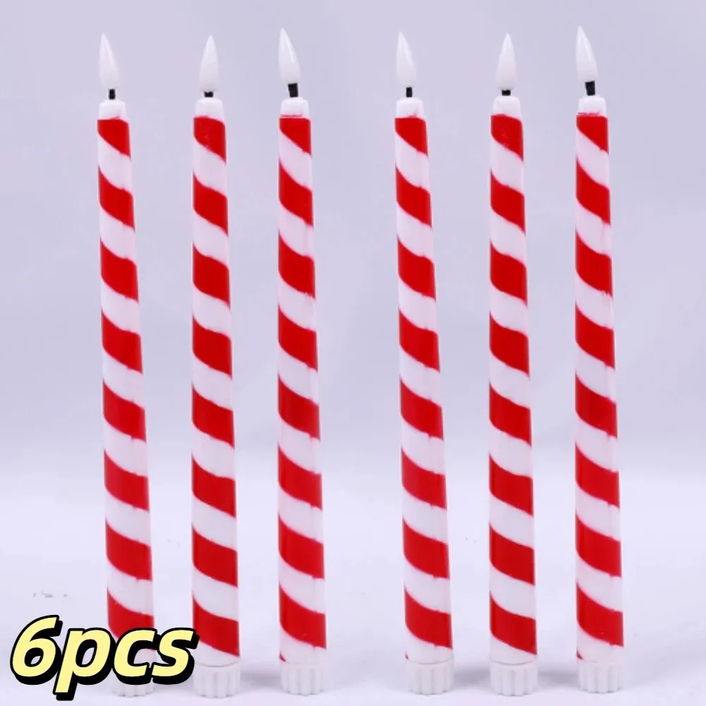 6pcs Red White Striped LED Flameless Candles Taper Shaped Fire-Free Design Mood Lights Lightweight Durable Material