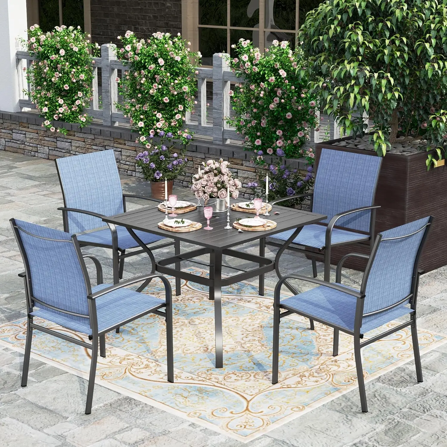 5 Pieces Patio Dining Set, Outdoor Table and Chairs Set for 4, 4 x Blue Textilene Dining Chair, 37