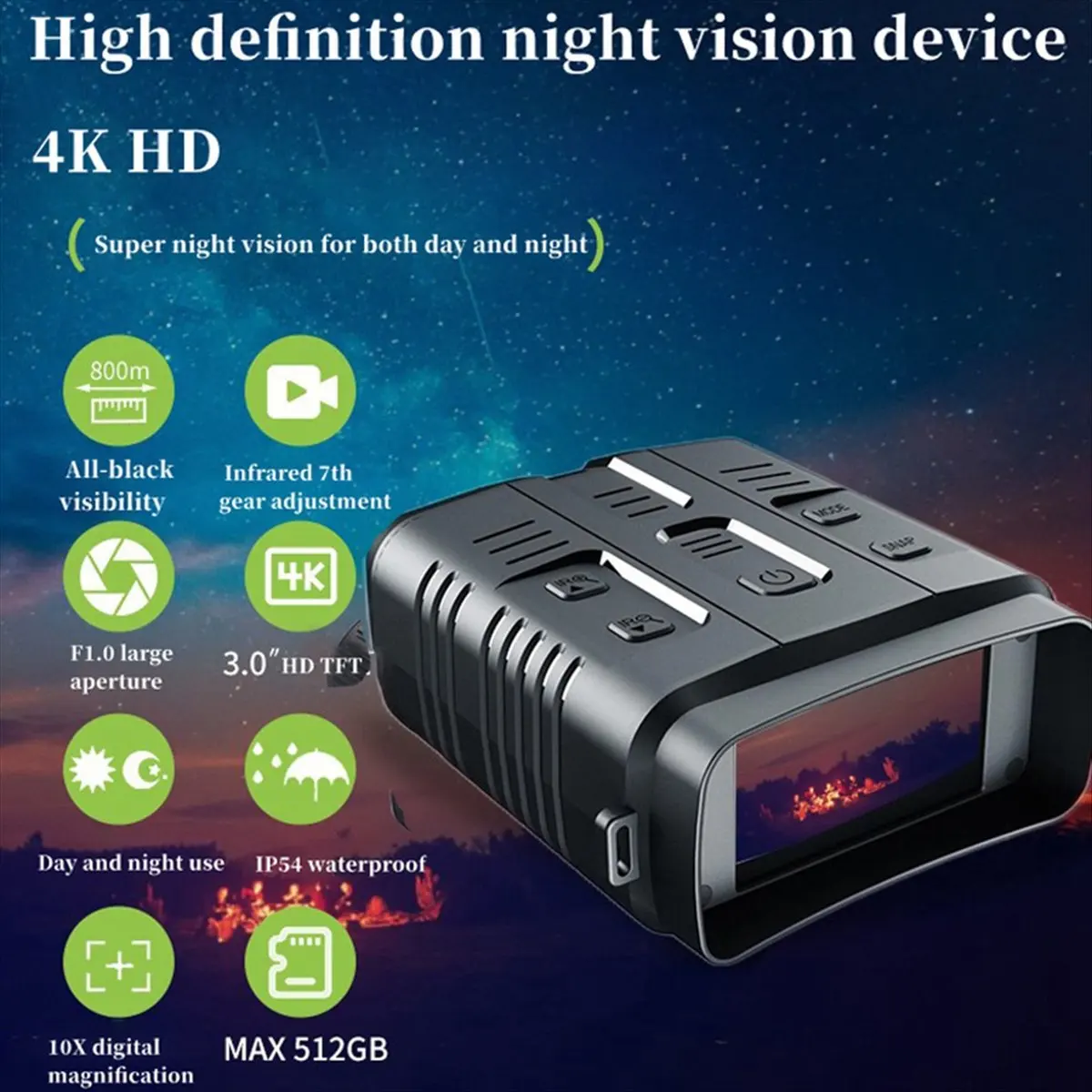 ~【A623Z】N009 4K HD Binoculars Night Vision Infrared 2160P HD Outdoor Camping Hunting Night Vision Goggle Day Night Dual Use 800M
