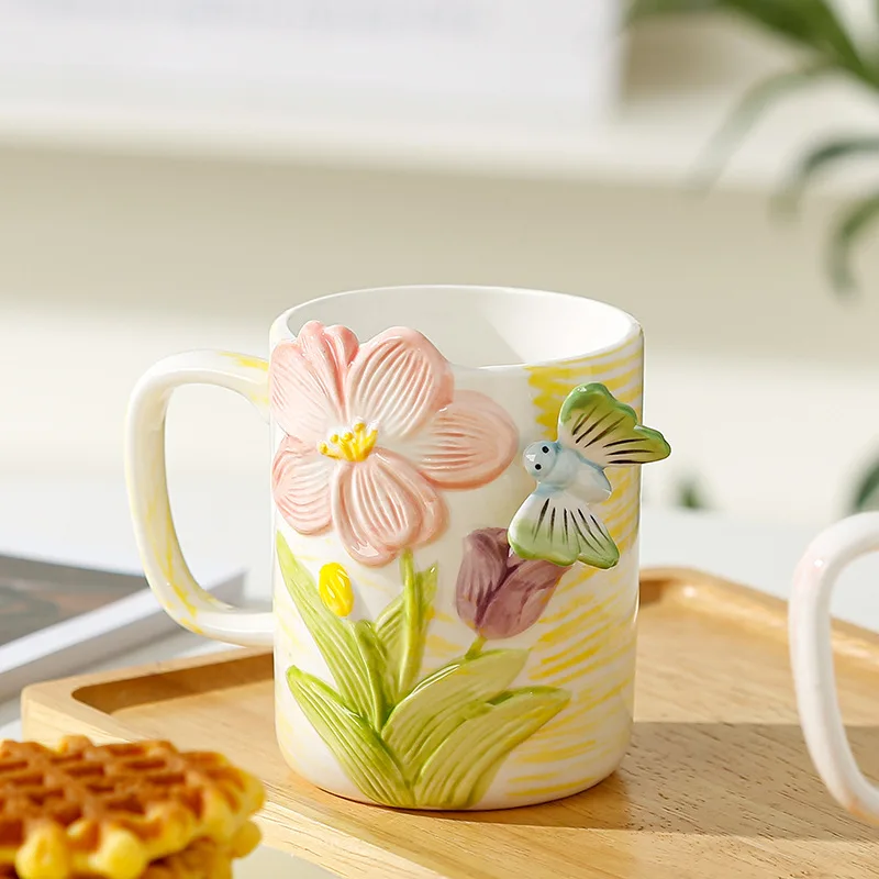 Underglaze Hand-painted Flower Ceramic Mug, High-value Butterfly Coffee Mugs, Office Breakfast Milk Cups, Couple Gift Tea Cup