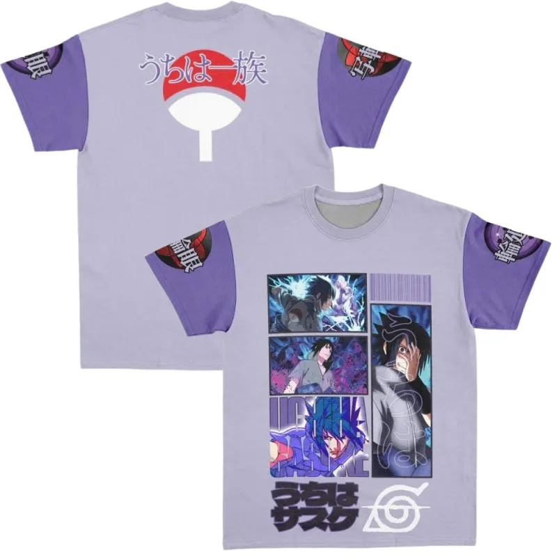 2026 New Naruto Uchiha Sasuke Short-Sleeve T-Shirt with Uchiha Fan and Sharingan Double-Sided Print, Light Purple, Unisex Style