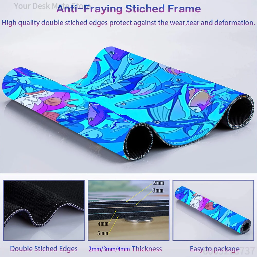 Blue Purple Ocean Fish School Gaming Mouse Pad Large Extended Desk Mat Marine Life Non-Slip Base