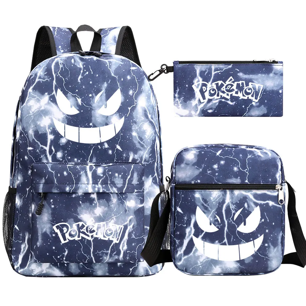 Pokemon Pikachu Backpack 3pcs Women Men Backpack Travel Bag Schoolbag for Teens Girls Boys Solid Color Laptop Mochila