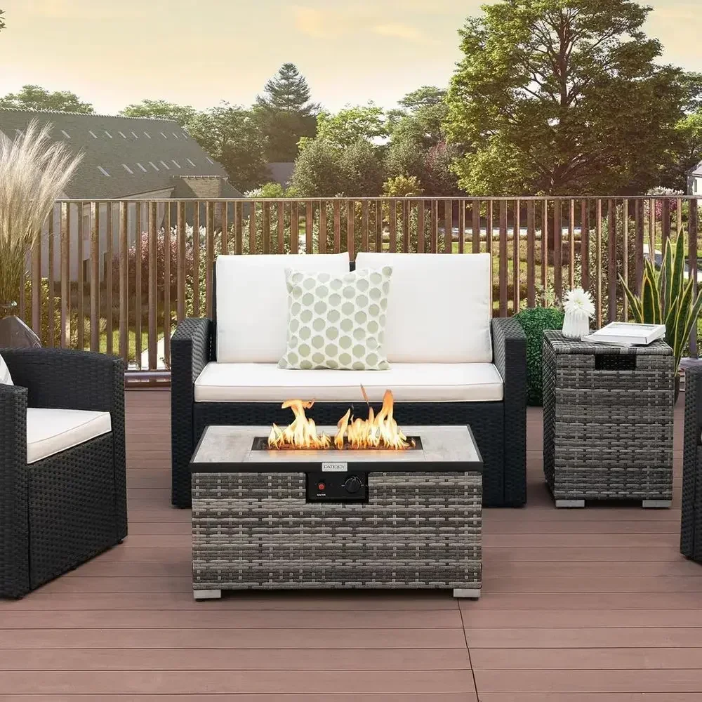 2 Piece Outdoor Propane Fire Pit Table Set with Concealed Tank, 40,000 BTU Rattan Wicker, Lava Rocks, Waterproof Cover, Perfect