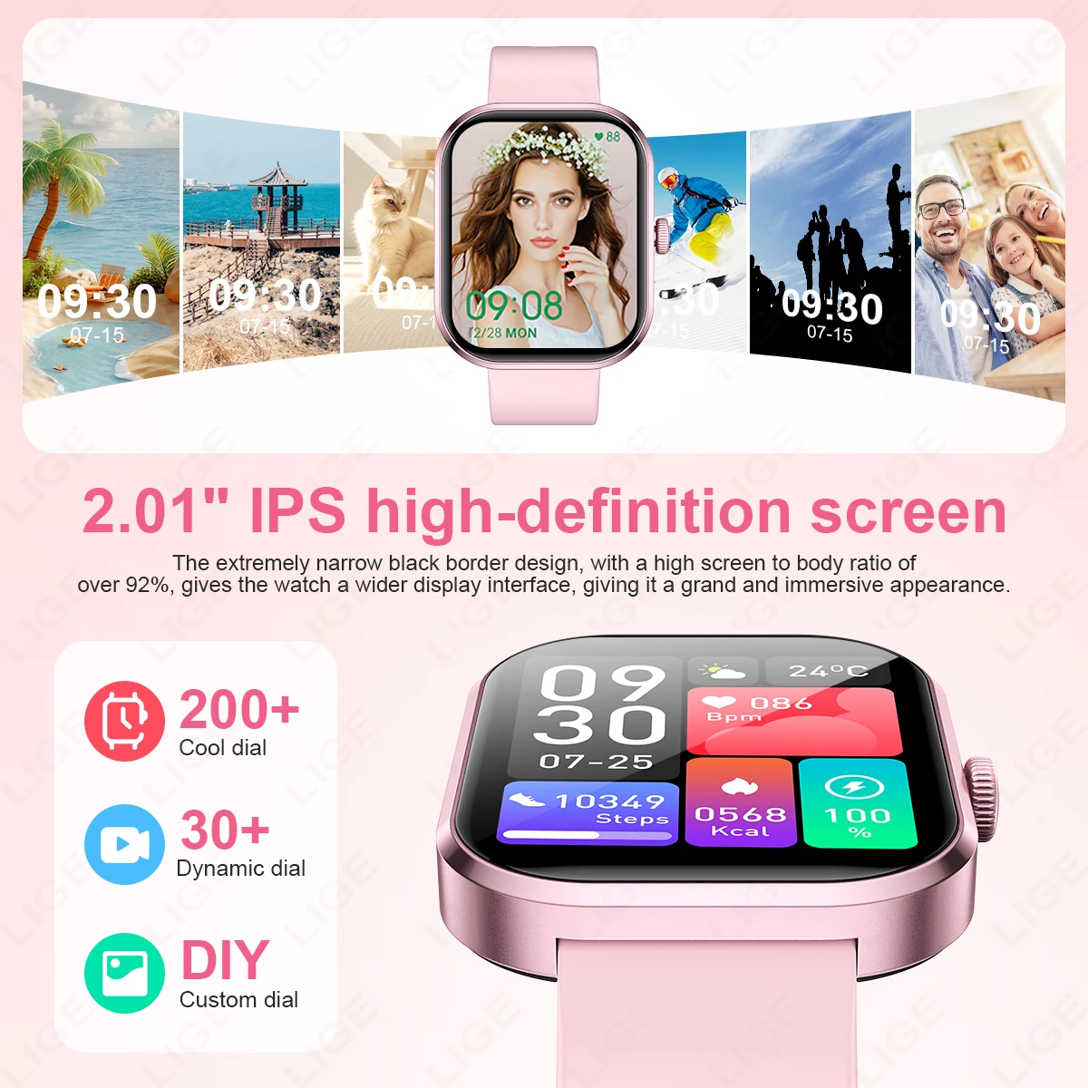 LIGE Smart Watches Ladies Bluetooth Call Sport Bracelet for Android IOS Women‘s Health Monitor Gift Music Clock Smartwatch Pink