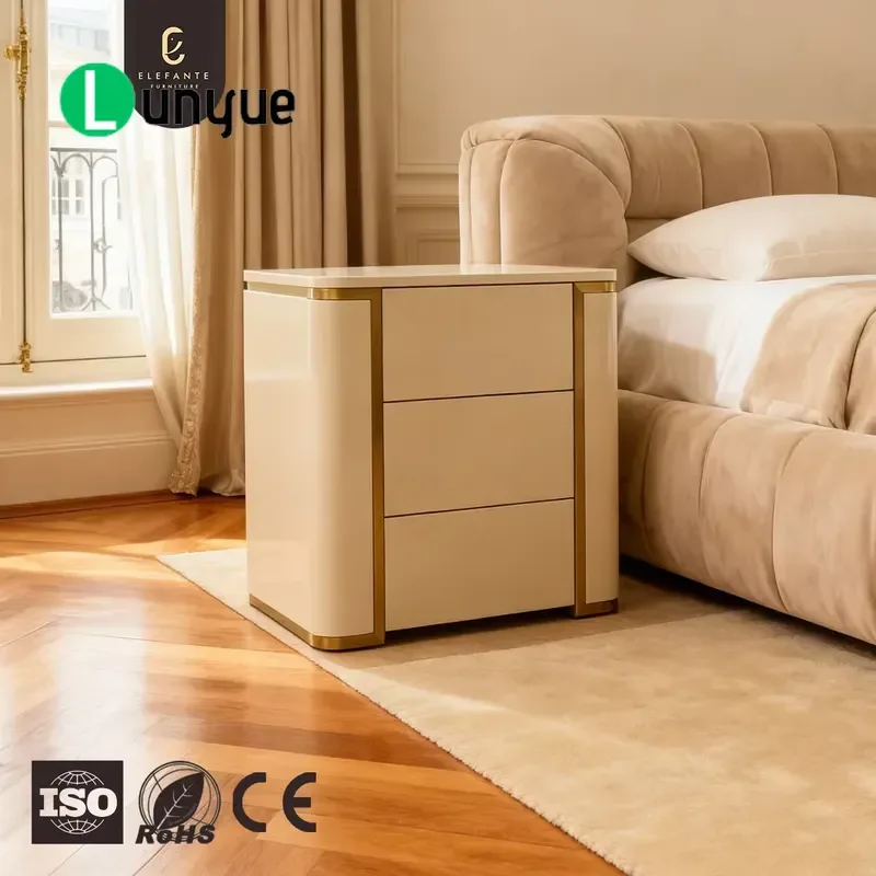 Elegant High Gloss Cream Bedside Table with Champagne Gold Trim 3 Drawers Luxury Nightstand for Villa Hotel Bedroom Furniture