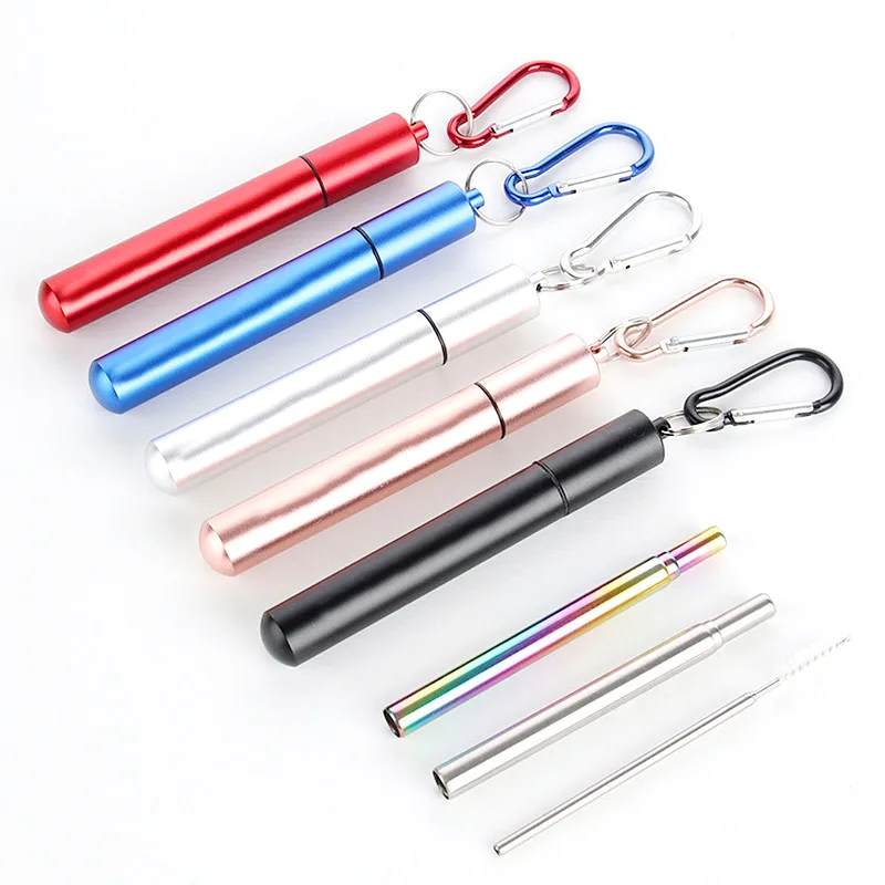 Easy-to-carry Retractable Straw Set keychain for Outdoor Camping Travellers Stainless Steel Keyring Pendant Straw